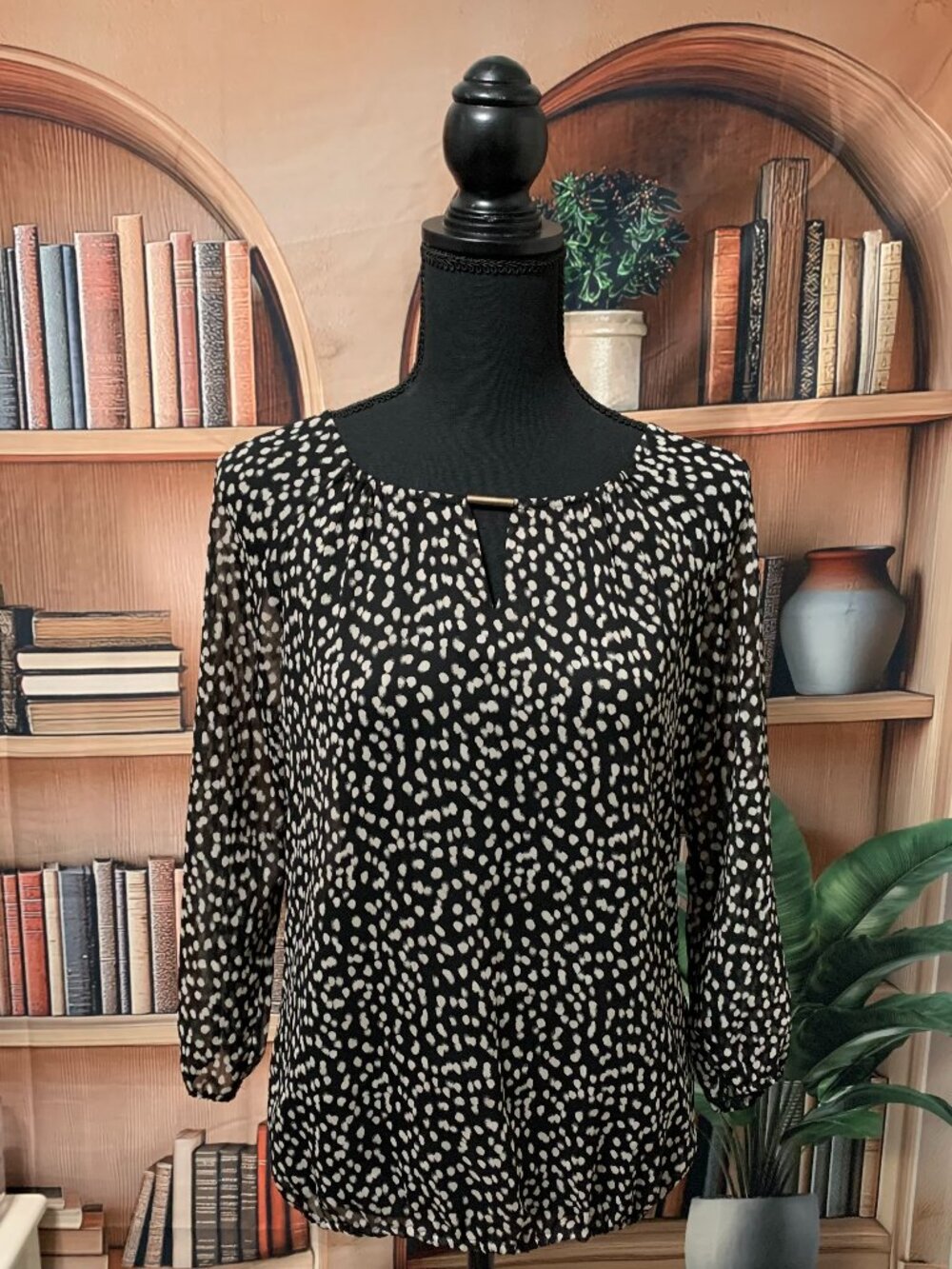 Petite Black and White Sheer Blouse